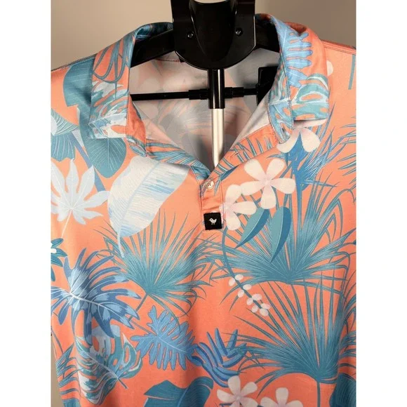 Bad Birdie Mens Large Tropical Floral Golf Polo Shirt Coral Teal Short Sleeve - Picture 2 of 5